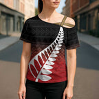 Red Silver Fern Spirit Taniko Tukutuku Personalised Cross Shoulder Shirt - Aussie Hoodie
