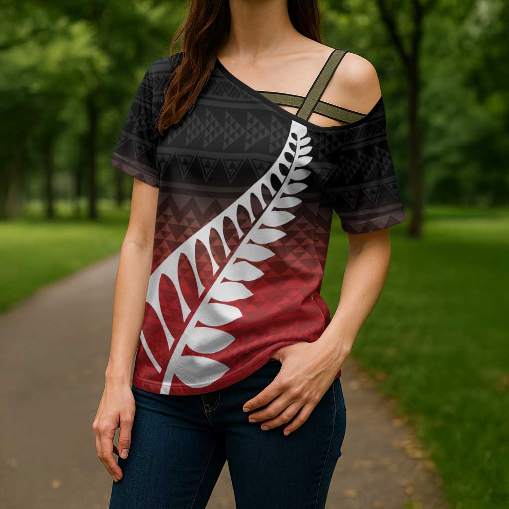 Red Silver Fern Spirit Taniko Tukutuku Personalised Cross Shoulder Shirt - Aussie Hoodie