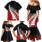 Red Silver Fern Spirit Taniko Tukutuku Personalised Family Matching Mermaid Dress and Hawaiian Shirt