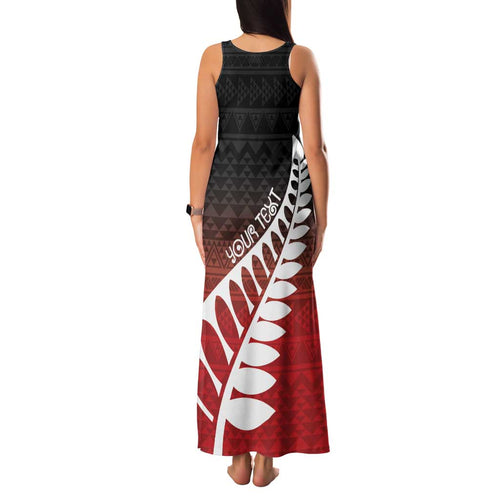 Red Silver Fern Spirit Taniko Tukutuku Personalised Family Matching Tank Maxi Dress and Hawaiian Shirt
