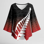 Red Silver Fern Spirit Taniko Tukutuku Personalised Kimono Sleeve Blouse - Aussie Hoodie