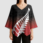 Red Silver Fern Spirit Taniko Tukutuku Personalised Kimono Sleeve Blouse - Aussie Hoodie