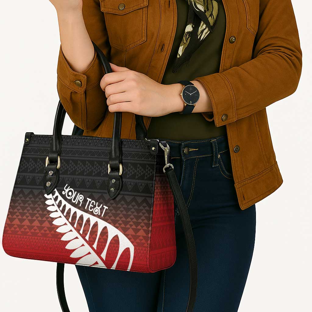 Red Silver Fern Spirit Taniko Tukutuku Personalised Leather Bag - Aussie Hoodie