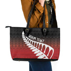 Red Silver Fern Spirit Taniko Tukutuku Personalised Leather Tote Bag