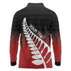 Red Silver Fern Spirit Taniko Tukutuku Personalised Long Sleeve Polo Shirt