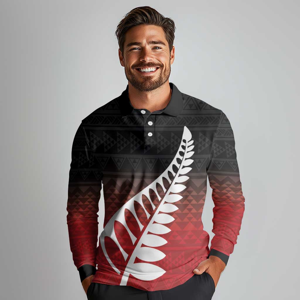 Red Silver Fern Spirit Taniko Tukutuku Personalised Long Sleeve Polo Shirt
