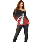 Red Silver Fern Spirit Taniko Tukutuku Personalised Off Shoulder Sweater