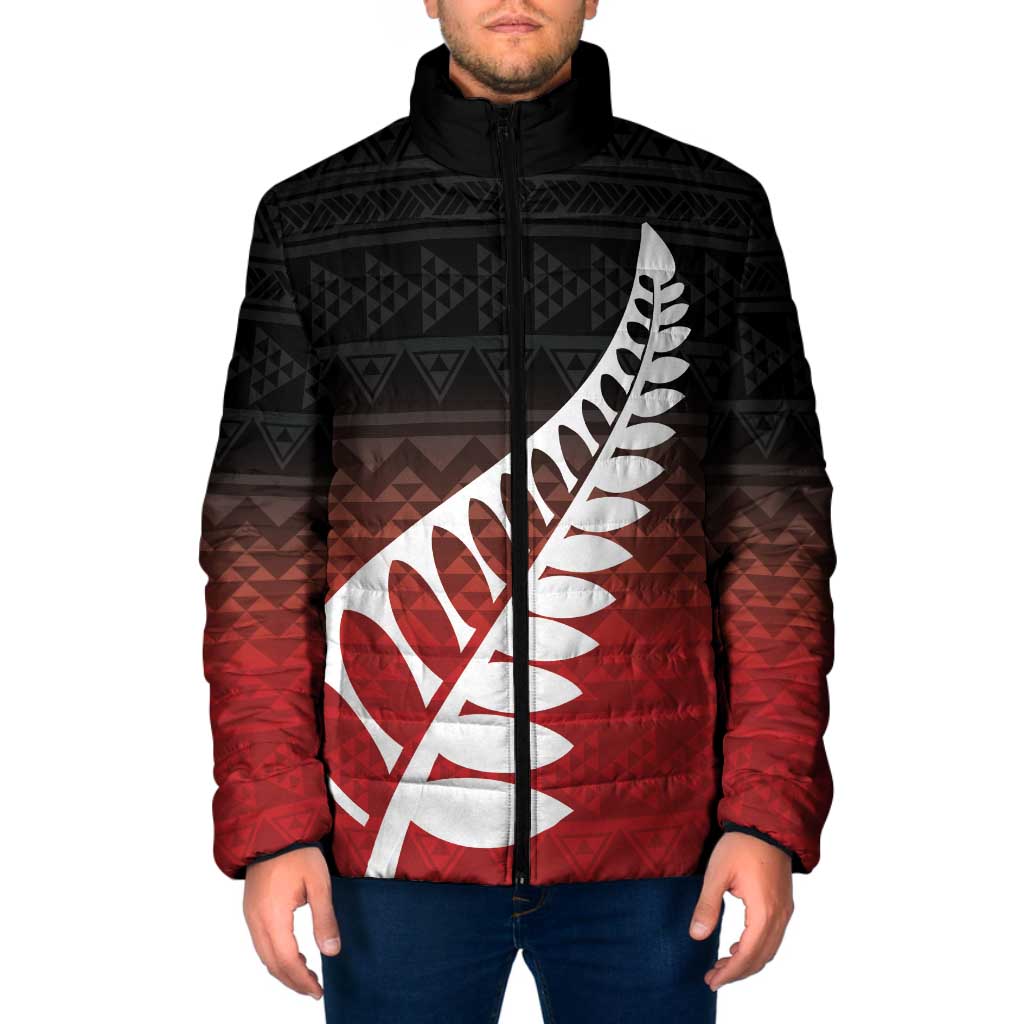 Red Silver Fern Spirit Taniko Tukutuku Personalised Padded Jacket - Aussie Hoodie