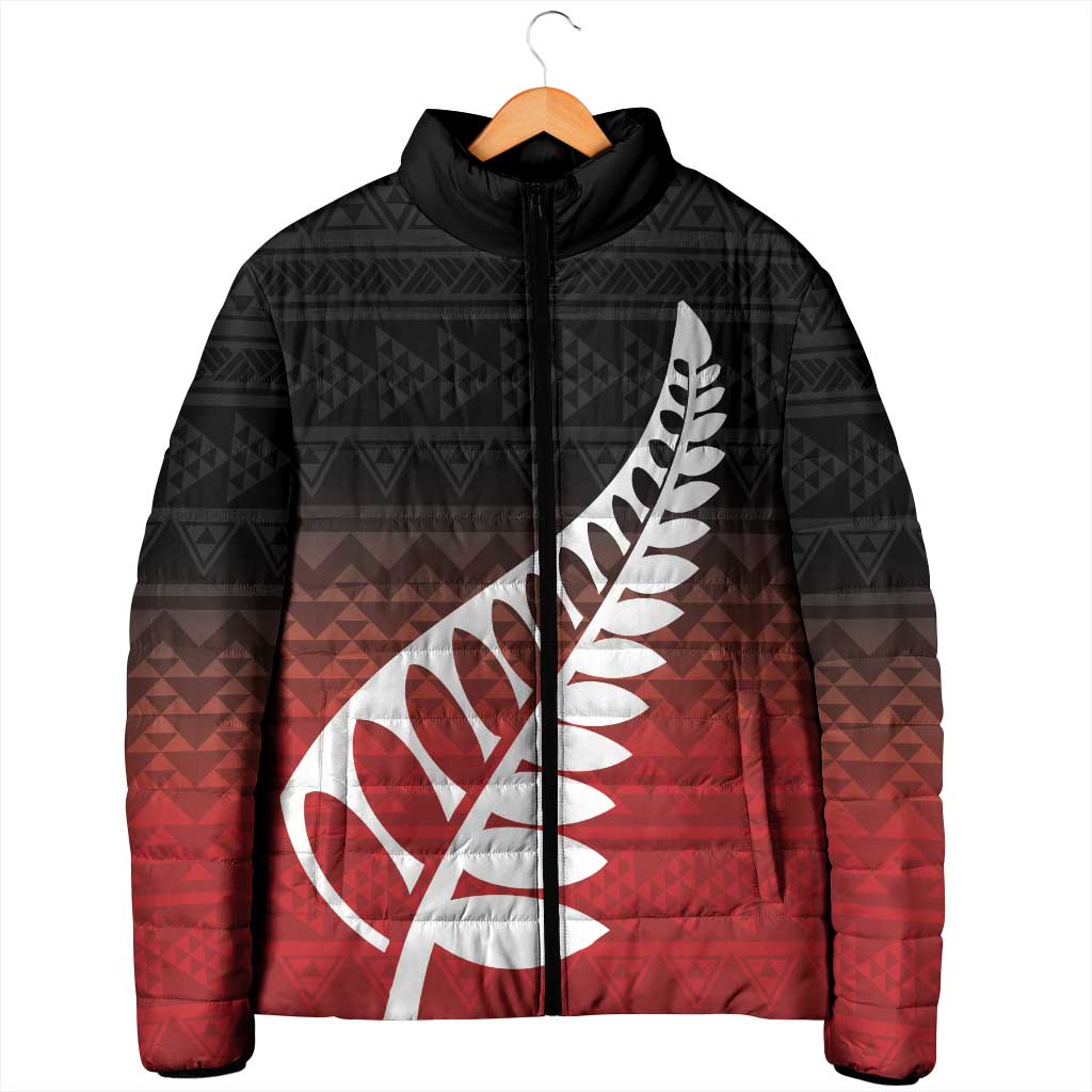 Red Silver Fern Spirit Taniko Tukutuku Personalised Padded Jacket - Aussie Hoodie