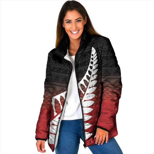 Red Silver Fern Spirit Taniko Tukutuku Personalised Padded Jacket - Aussie Hoodie