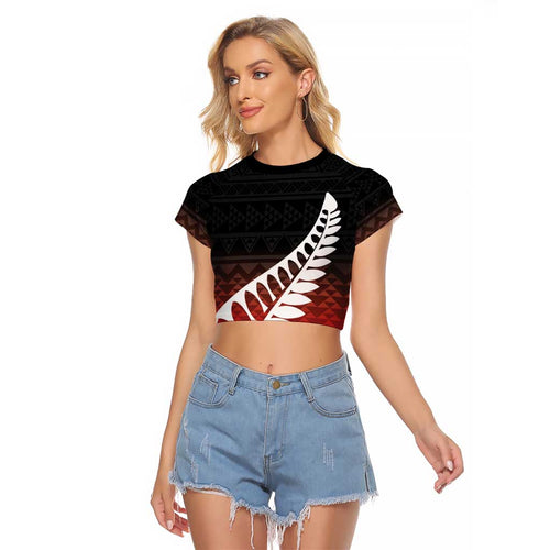 Red Silver Fern Spirit Taniko Tukutuku Personalised Raglan Cropped T Shirt