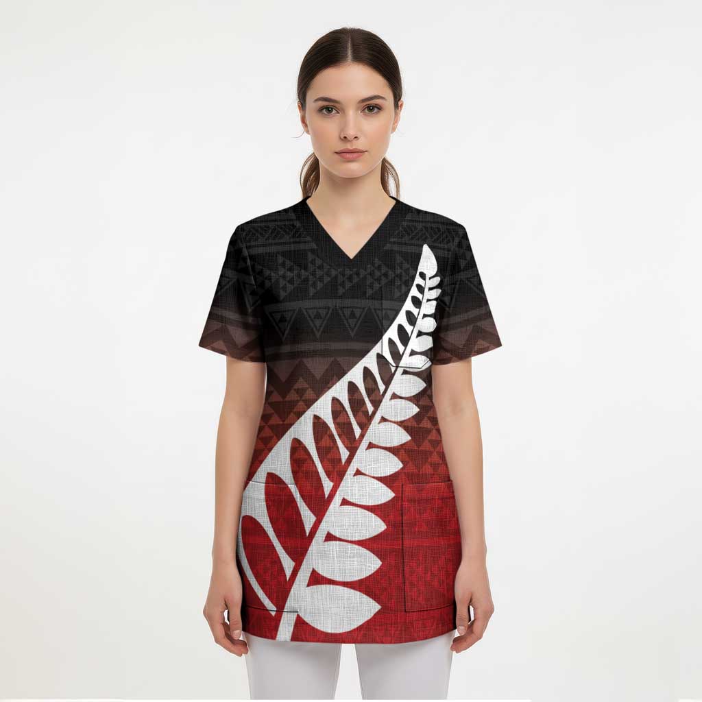 Red Silver Fern Spirit Taniko Tukutuku Personalised Scrub Top - Aussie Hoodie