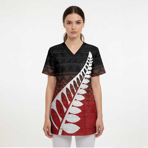 Red Silver Fern Spirit Taniko Tukutuku Personalised Scrub Top - Aussie Hoodie