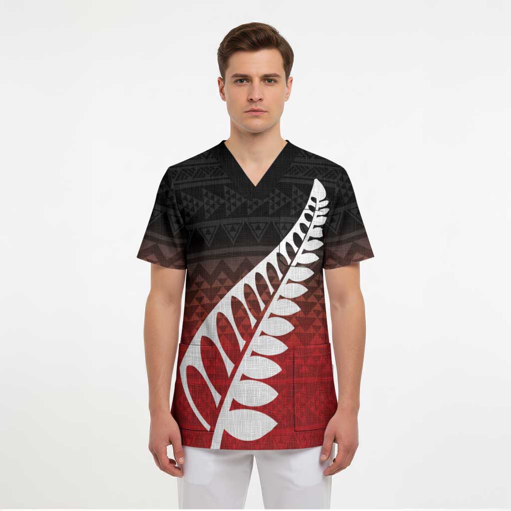 Red Silver Fern Spirit Taniko Tukutuku Personalised Scrub Top - Aussie Hoodie