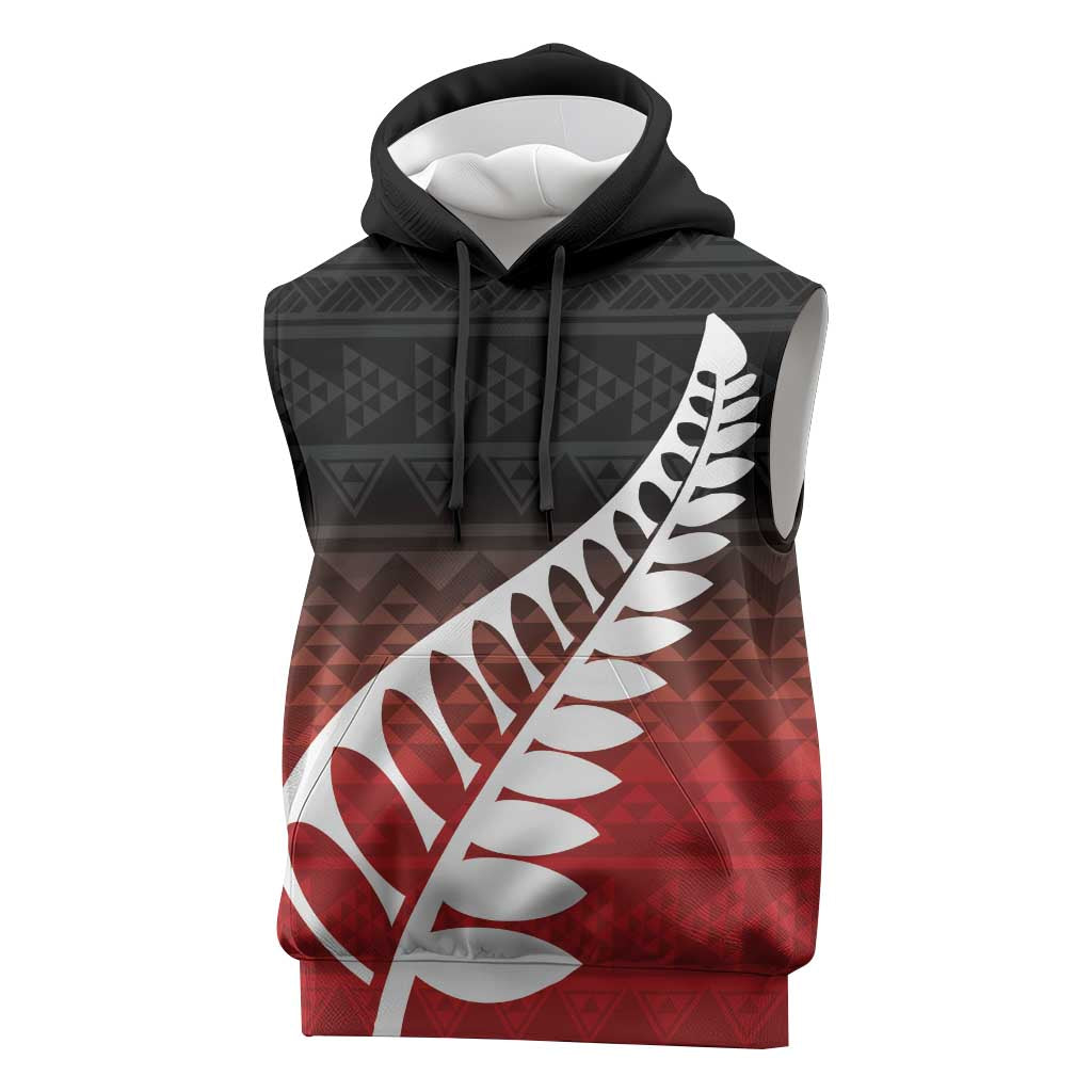 Red Silver Fern Spirit Taniko Tukutuku Personalised Sleeveless Hoodie - Aussie Hoodie