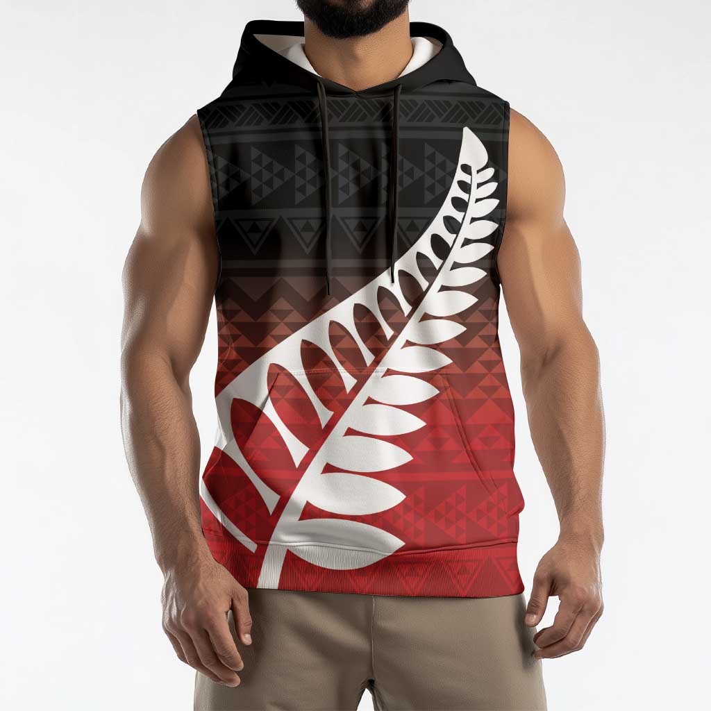 Red Silver Fern Spirit Taniko Tukutuku Personalised Sleeveless Hoodie - Aussie Hoodie