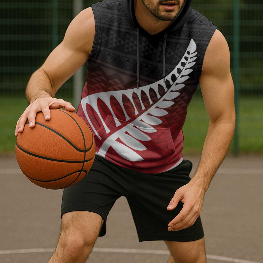 Red Silver Fern Spirit Taniko Tukutuku Personalised Sleeveless Hoodie - Aussie Hoodie
