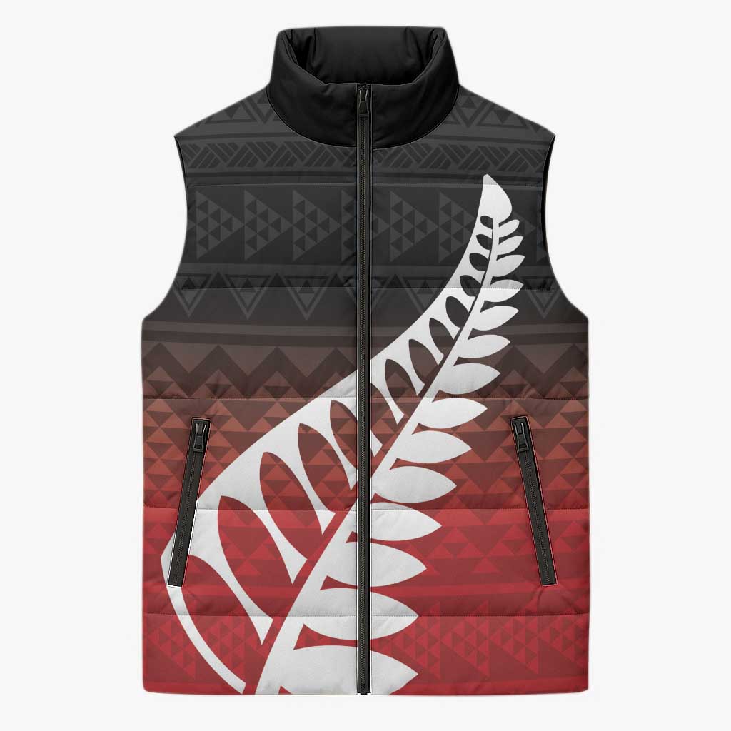 Red Silver Fern Spirit Taniko Tukutuku Personalised Sleeveless Puffer Jacket - Aussie Hoodie