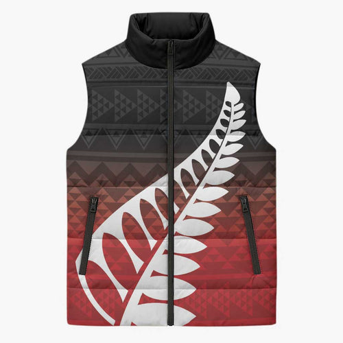 Red Silver Fern Spirit Taniko Tukutuku Personalised Sleeveless Puffer Jacket - Aussie Hoodie
