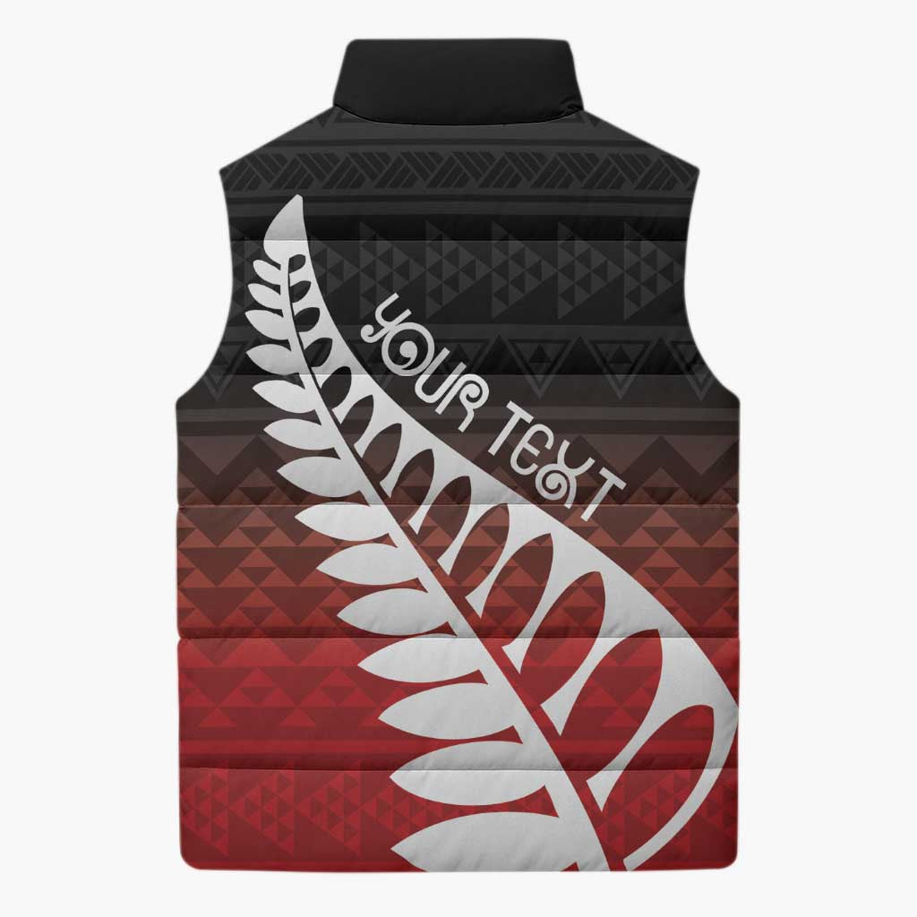 Red Silver Fern Spirit Taniko Tukutuku Personalised Sleeveless Puffer Jacket - Aussie Hoodie