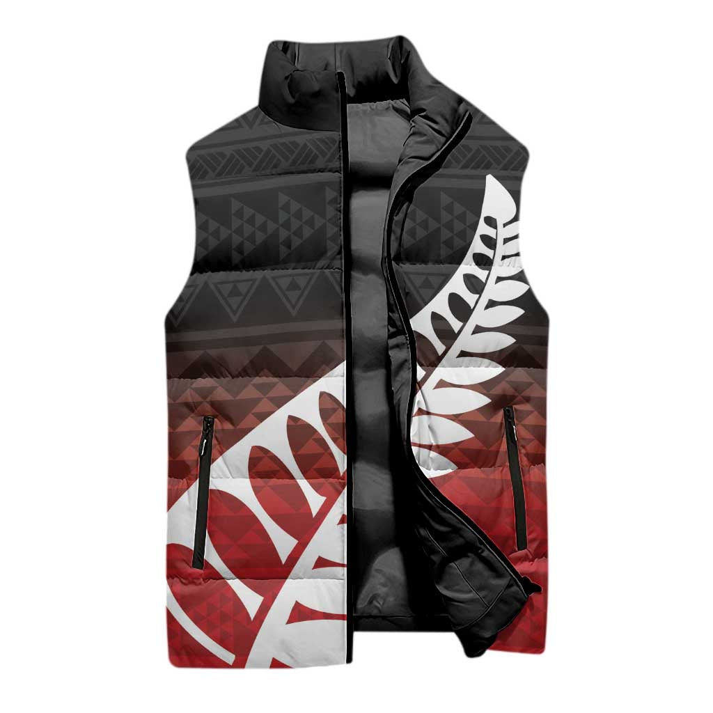 Red Silver Fern Spirit Taniko Tukutuku Personalised Sleeveless Puffer Jacket - Aussie Hoodie