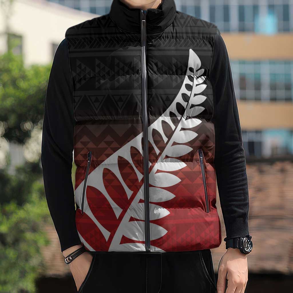 Red Silver Fern Spirit Taniko Tukutuku Personalised Sleeveless Puffer Jacket - Aussie Hoodie