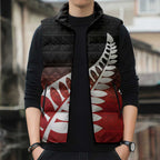 Red Silver Fern Spirit Taniko Tukutuku Personalised Sleeveless Puffer Jacket - Aussie Hoodie