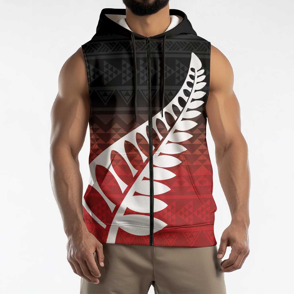 Red Silver Fern Spirit Taniko Tukutuku Personalised Sleeveless Zip Hoodie LT9