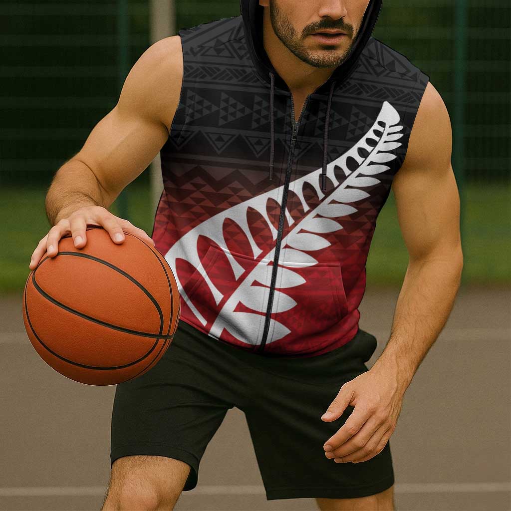 Red Silver Fern Spirit Taniko Tukutuku Personalised Sleeveless Zip Hoodie LT9