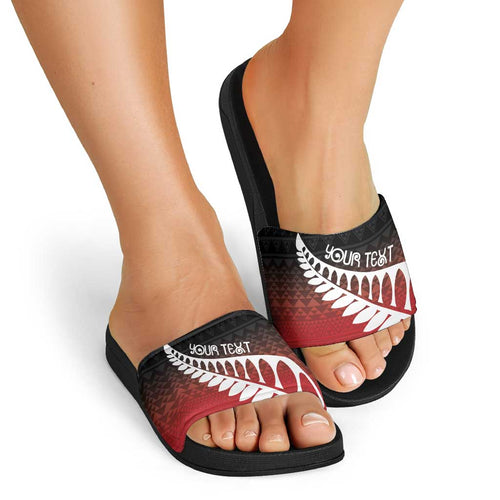 Red Silver Fern Spirit Taniko Tukutuku Personalised Slide Sandals - Aussie Hoodie