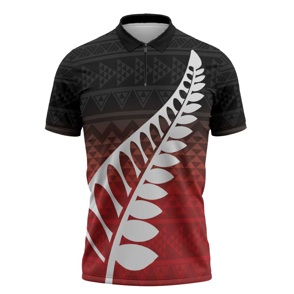 Red Silver Fern Spirit Taniko Tukutuku Personalised Zipper Polo Shirt - Aussie Hoodie