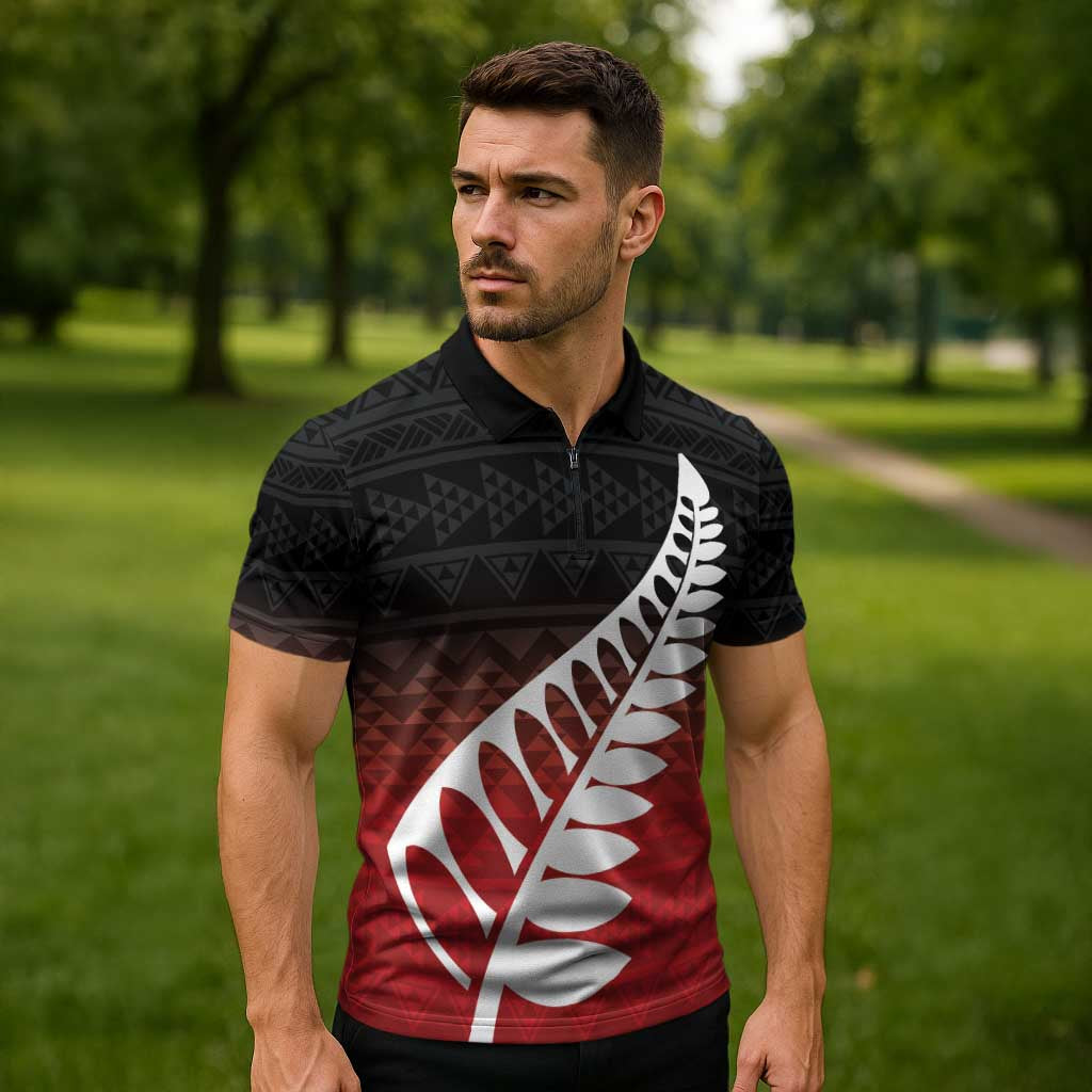 Red Silver Fern Spirit Taniko Tukutuku Personalised Zipper Polo Shirt - Aussie Hoodie