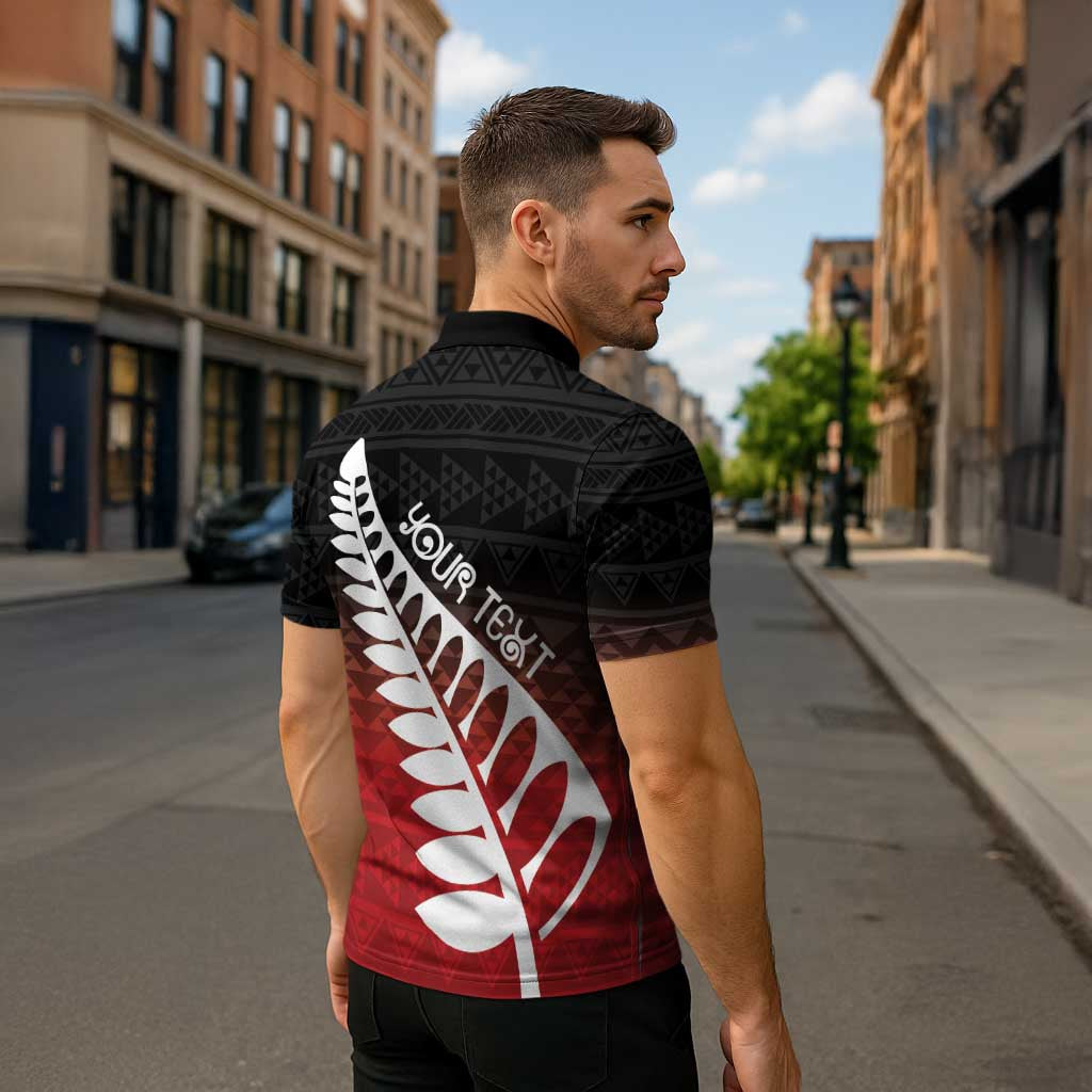 Red Silver Fern Spirit Taniko Tukutuku Personalised Zipper Polo Shirt - Aussie Hoodie