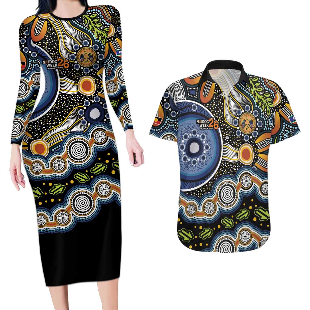NAIDOC Deadly 50 Years Couples Matching Long Sleeve Bodycon Dress and Hawaiian Shirt Aboriginal and Torres Strait Islander