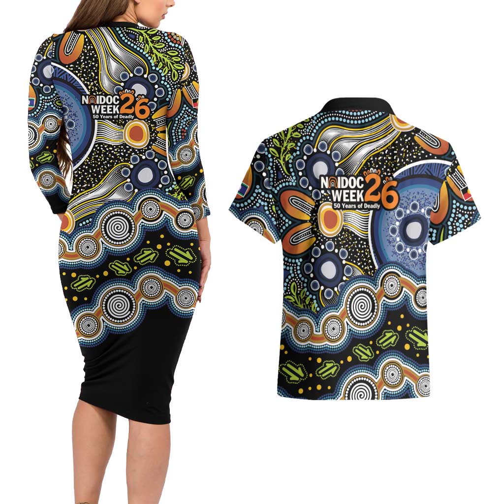 NAIDOC Deadly 50 Years Couples Matching Long Sleeve Bodycon Dress and Hawaiian Shirt Aboriginal and Torres Strait Islander