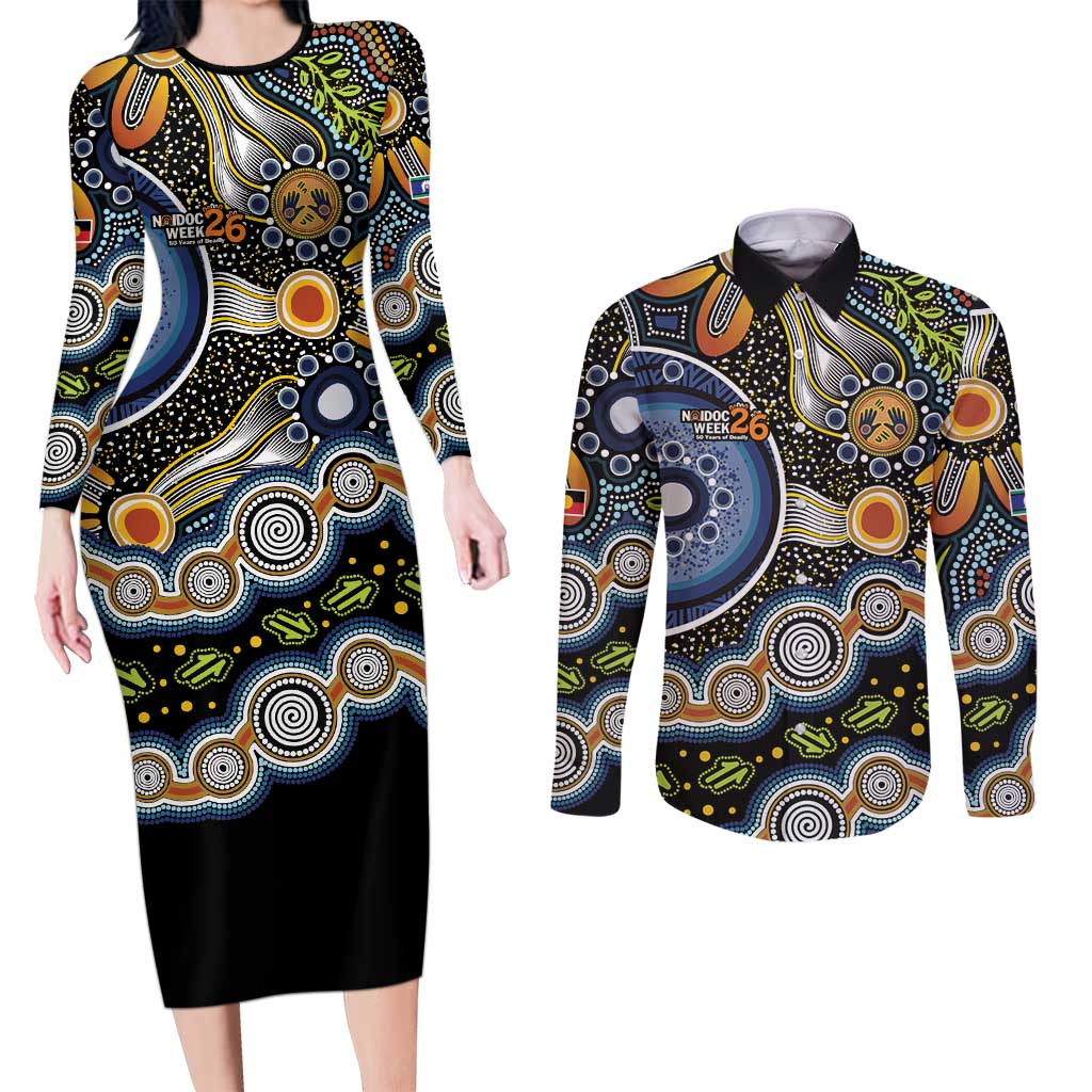 NAIDOC Deadly 50 Years Couples Matching Long Sleeve Bodycon Dress and Long Sleeve Button Shirt Aboriginal and Torres Strait Islander