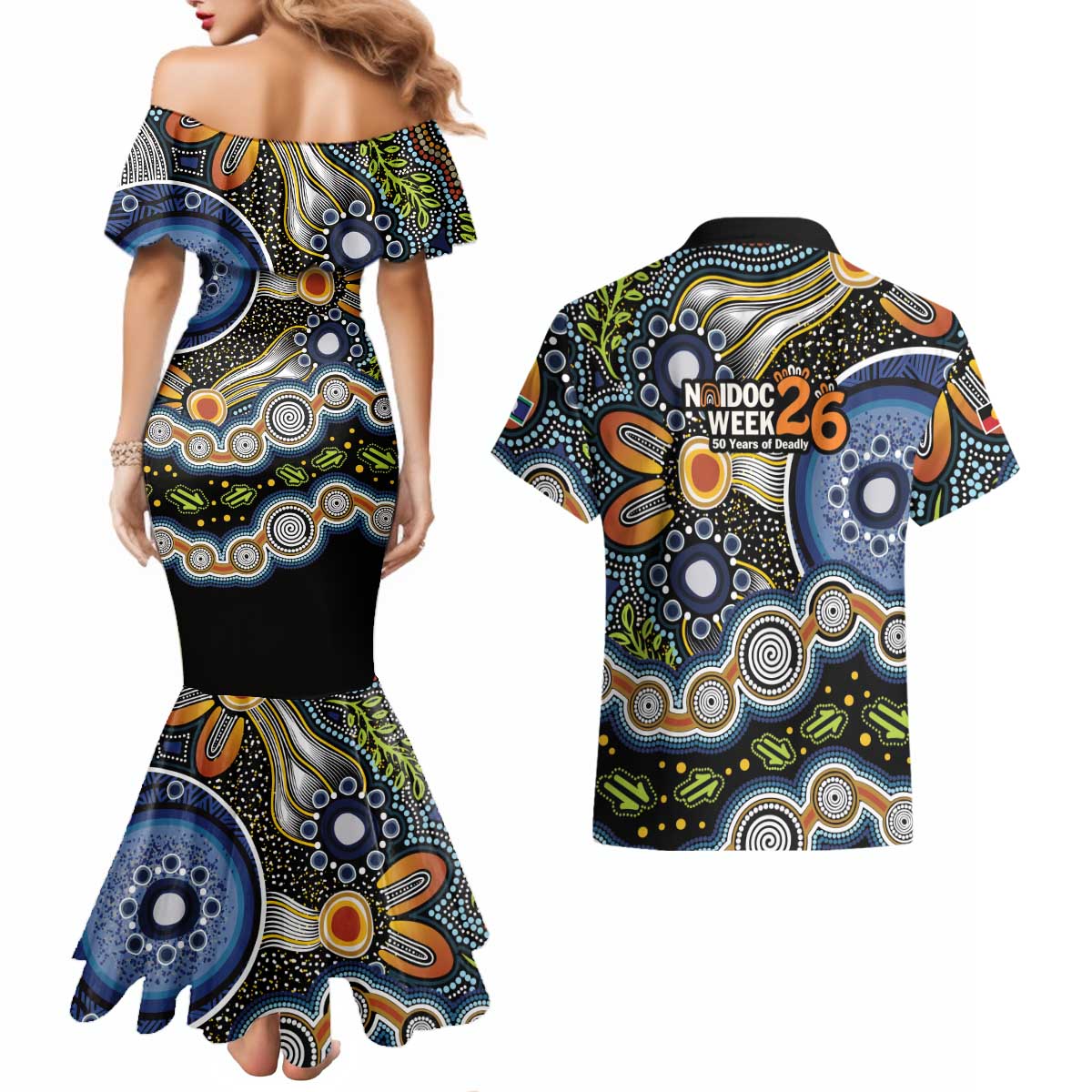 NAIDOC Deadly 50 Years Couples Matching Mermaid Dress and Hawaiian Shirt Aboriginal and Torres Strait Islander