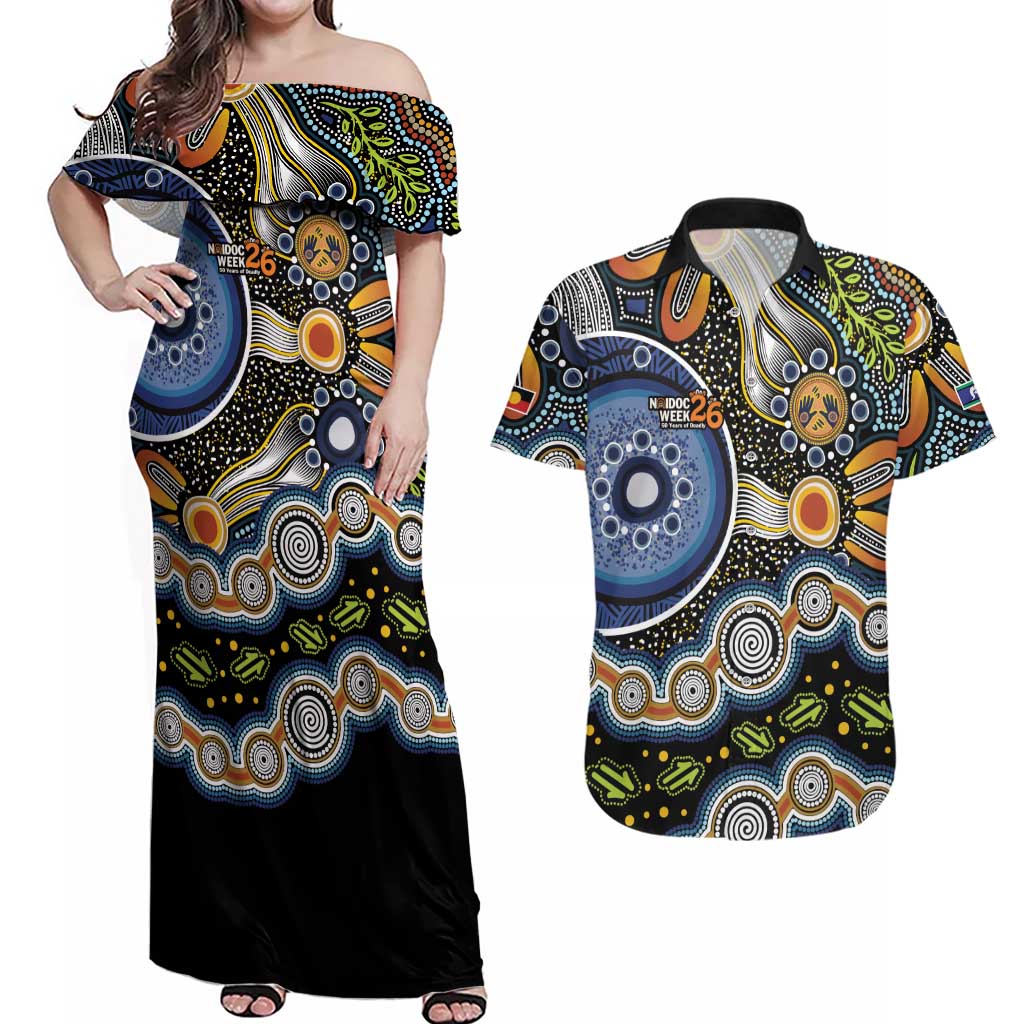 NAIDOC Deadly 50 Years Couples Matching Off Shoulder Maxi Dress and Hawaiian Shirt Aboriginal and Torres Strait Islander