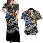 NAIDOC Deadly 50 Years Couples Matching Off Shoulder Maxi Dress and Hawaiian Shirt Aboriginal and Torres Strait Islander