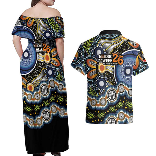 NAIDOC Deadly 50 Years Couples Matching Off Shoulder Maxi Dress and Hawaiian Shirt Aboriginal and Torres Strait Islander