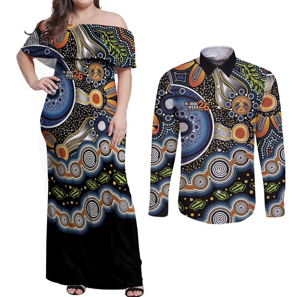 NAIDOC Deadly 50 Years Couples Matching Off Shoulder Maxi Dress and Long Sleeve Button Shirt Aboriginal and Torres Strait Islander