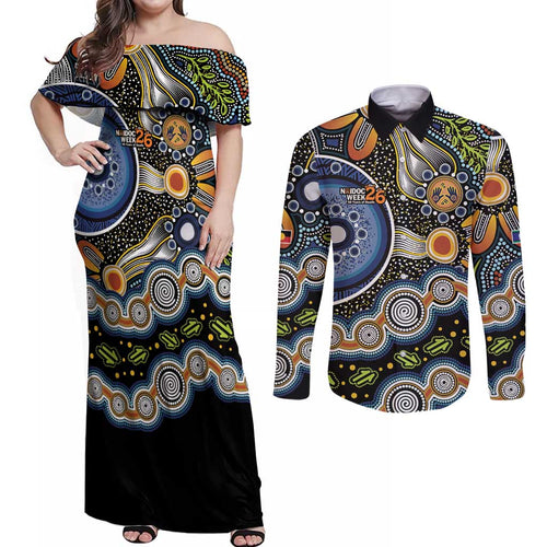 NAIDOC Deadly 50 Years Couples Matching Off Shoulder Maxi Dress and Long Sleeve Button Shirt Aboriginal and Torres Strait Islander