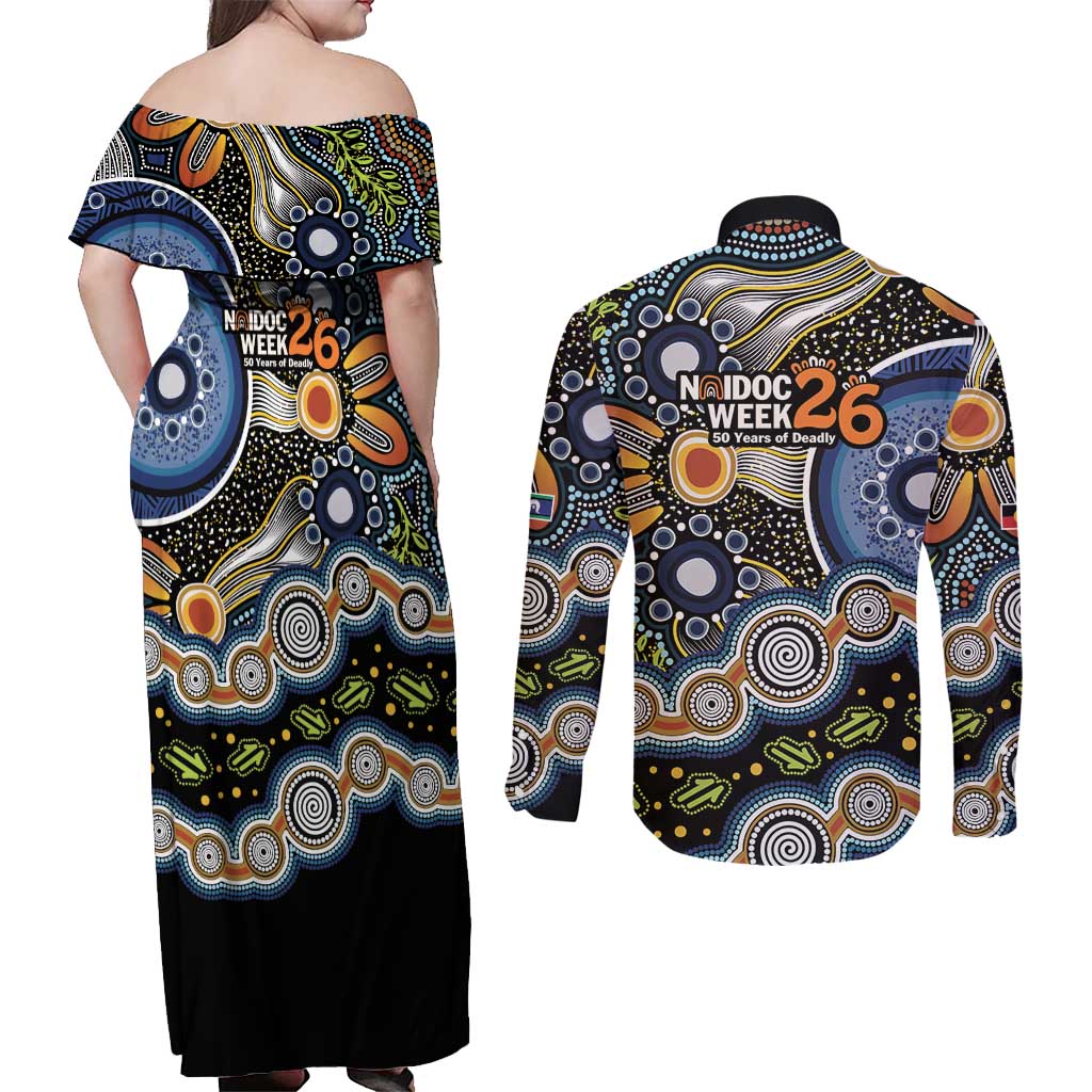 NAIDOC Deadly 50 Years Couples Matching Off Shoulder Maxi Dress and Long Sleeve Button Shirt Aboriginal and Torres Strait Islander