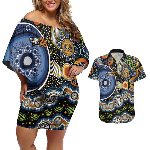 NAIDOC Deadly 50 Years Couples Matching Off Shoulder Short Dress and Hawaiian Shirt Aboriginal and Torres Strait Islander