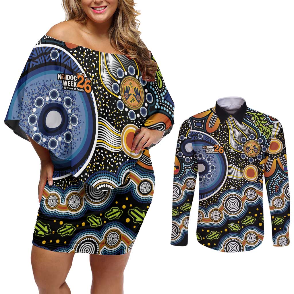 NAIDOC Deadly 50 Years Couples Matching Off Shoulder Short Dress and Long Sleeve Button Shirt Aboriginal and Torres Strait Islander