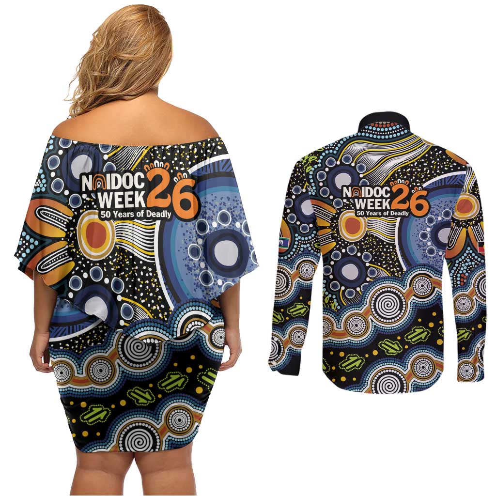 NAIDOC Deadly 50 Years Couples Matching Off Shoulder Short Dress and Long Sleeve Button Shirt Aboriginal and Torres Strait Islander