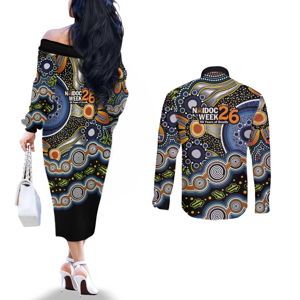 NAIDOC Deadly 50 Years Couples Matching Off The Shoulder Long Sleeve Dress and Long Sleeve Button Shirt Aboriginal and Torres Strait Islander