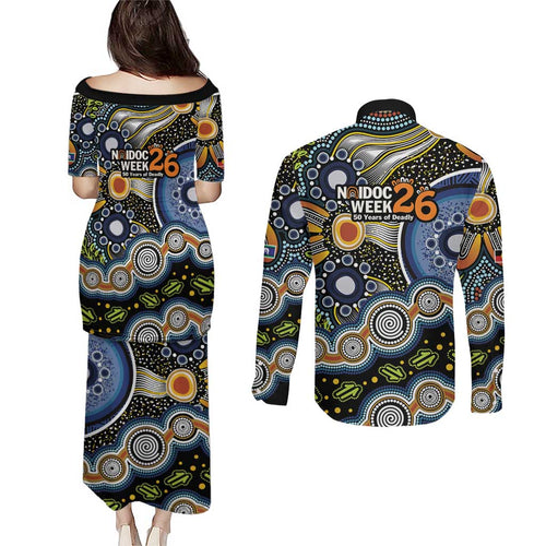 NAIDOC Deadly 50 Years Couples Matching Puletasi and Long Sleeve Button Shirt Aboriginal and Torres Strait Islander