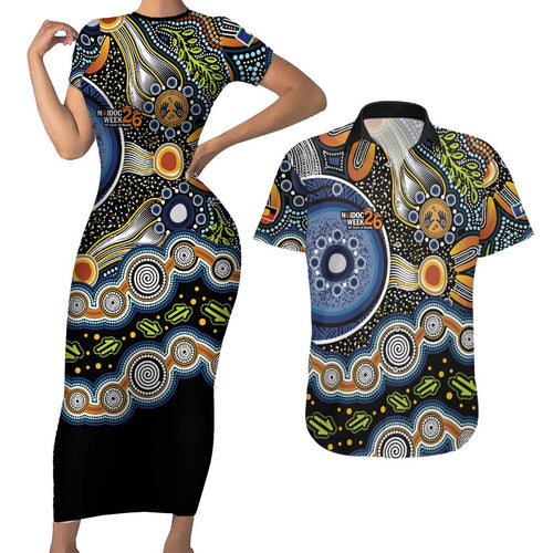 NAIDOC Deadly 50 Years Couples Matching Short Sleeve Bodycon Dress and Hawaiian Shirt Aboriginal and Torres Strait Islander