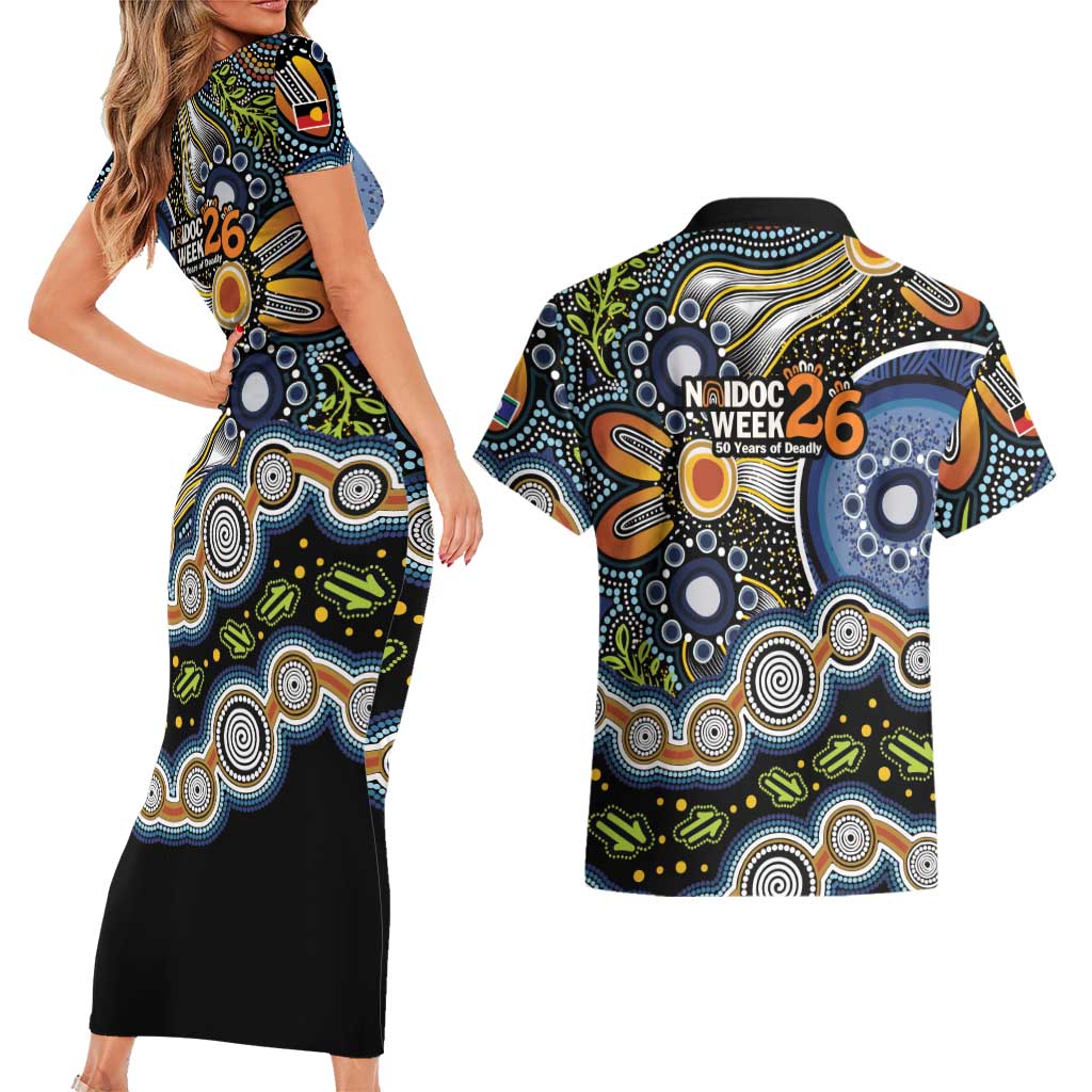 NAIDOC Deadly 50 Years Couples Matching Short Sleeve Bodycon Dress and Hawaiian Shirt Aboriginal and Torres Strait Islander